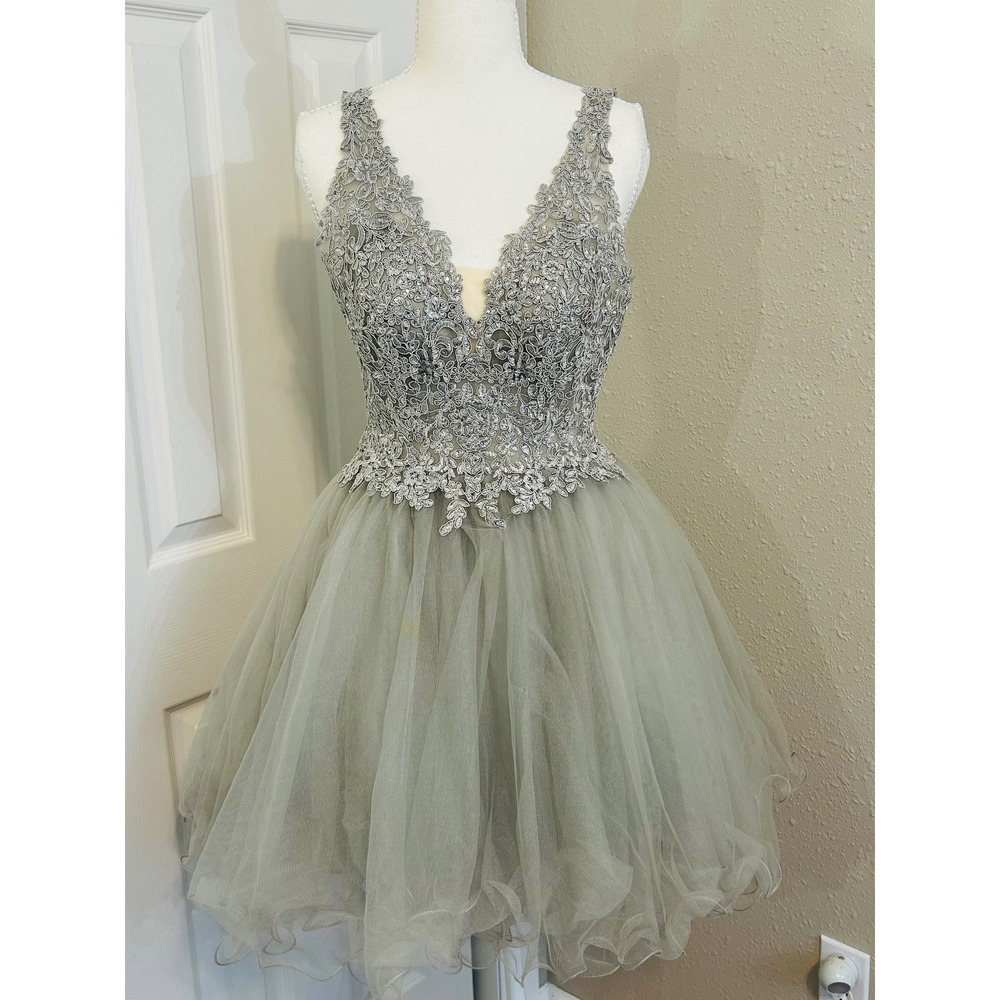 Prom Fairycore Festival XS Sage Green Tulle Lace Sequin Dress Formal V-Neck